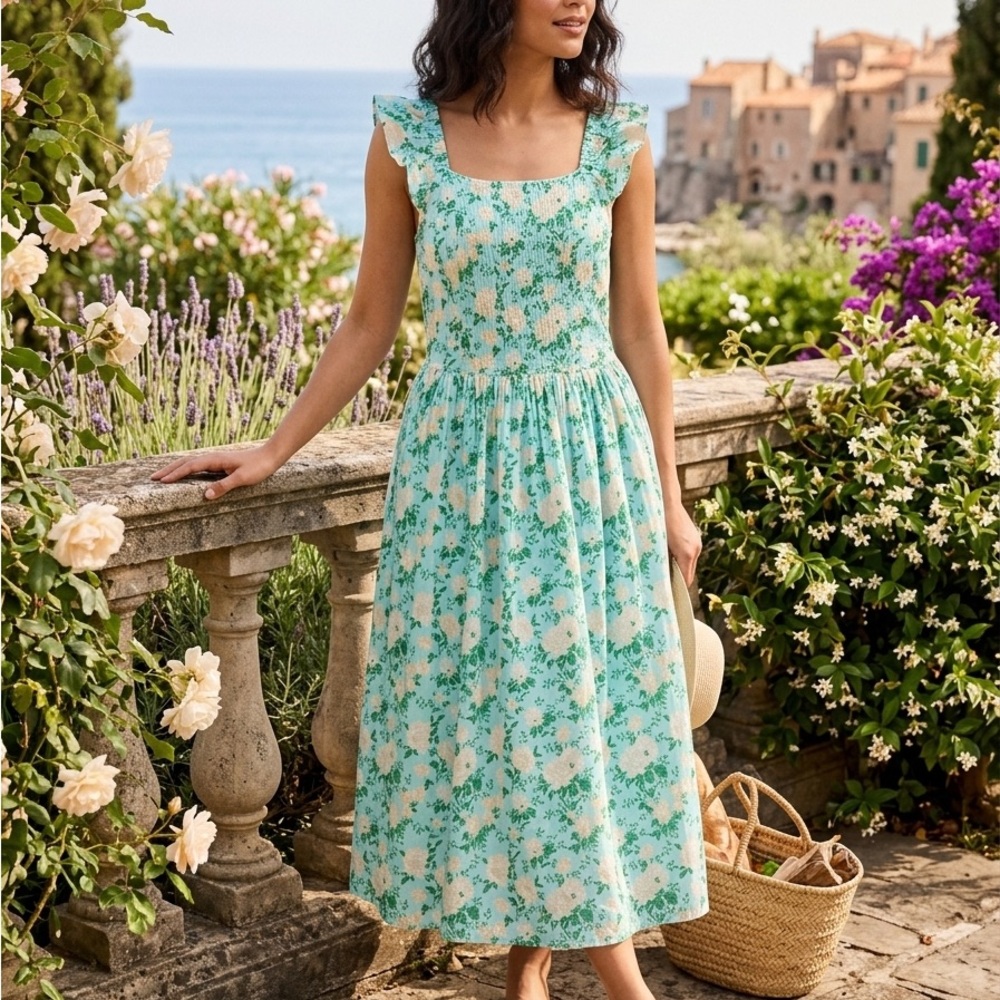 Blueberi Boulevard Mint Green Floral Midi Dress